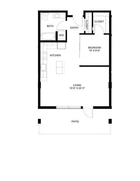 Floor plan for 1 bed, 1 bath, 703 sqft